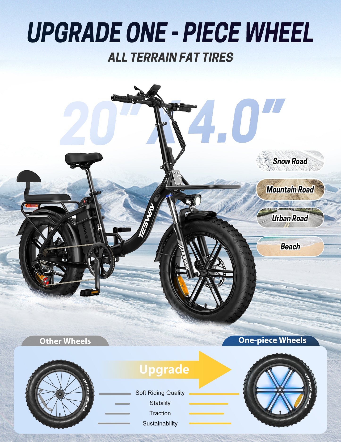 250W Folding Electric Bike, 48V 20.8AH Large Removable Battery E-Bike, 28+MPH, 80 Miles Max Range, 20" Fat Tire Electric Bike for Adults, Adult Electric Bicycles for Commute