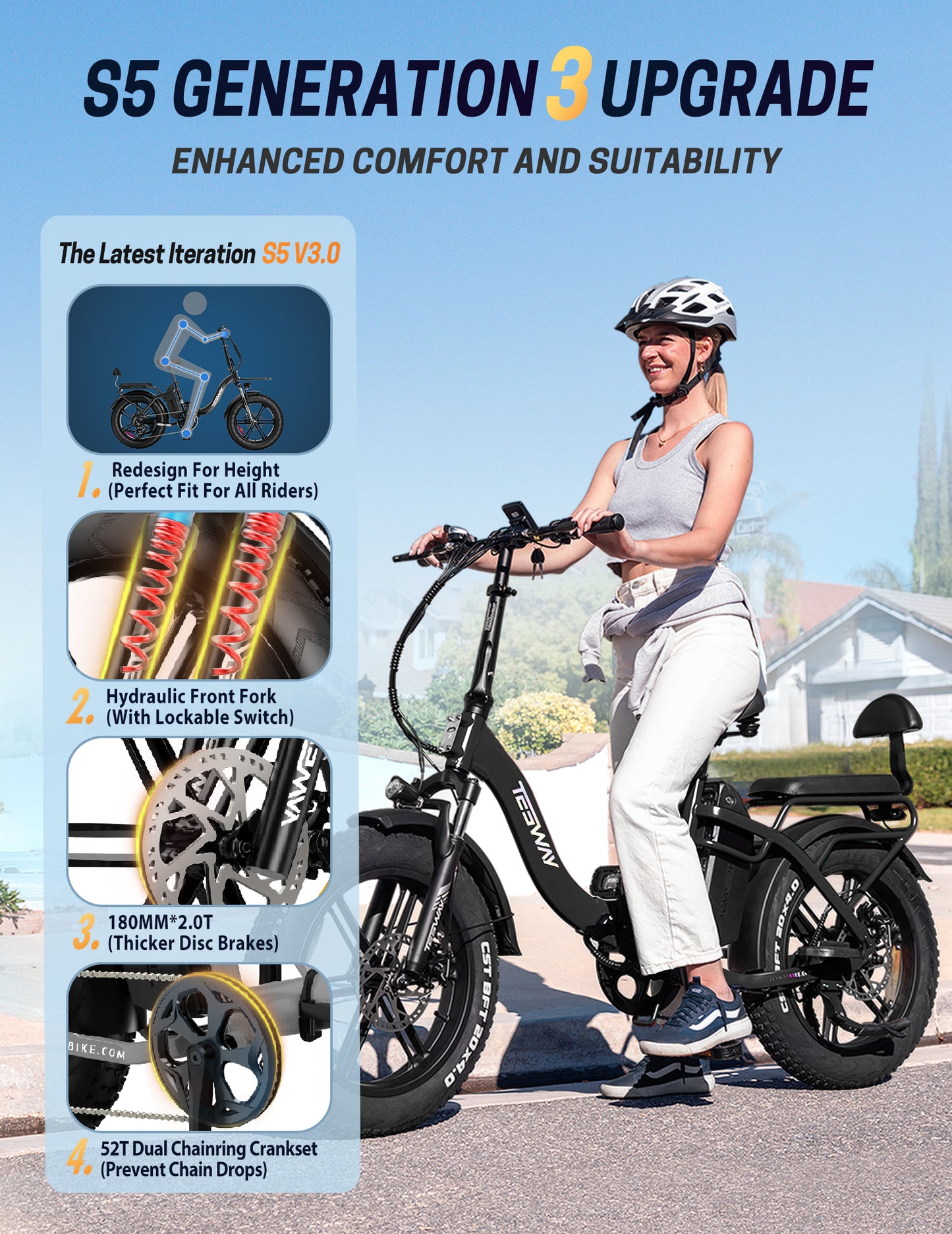 250W Folding Electric Bike, 48V 20.8AH Large Removable Battery E-Bike, 28+MPH, 80 Miles Max Range, 20" Fat Tire Electric Bike for Adults, Adult Electric Bicycles for Commute