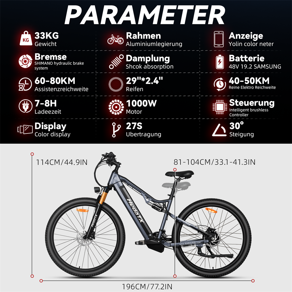 HedaTX 1000W E-Mountainbike für Erwachsene, 45 km/h, 96 km Reichweite, 27 Gänge, Vollfederung