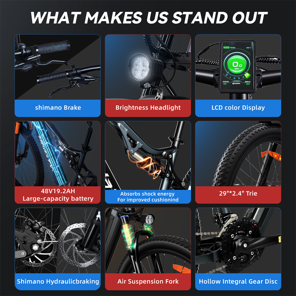 HedaTX 1000W E-mountain Bike for adults，28MPH，60Mile Range，27Speed，Full Suspension